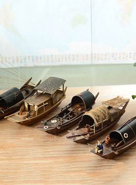 新品江南水乡帆船k模型木船渔船乌篷船模中式工艺船摆件实木大船