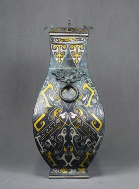 仿古青铜器错金银射宴狩猎纹铜壶双环瓶铜坊盛酒器古Y玩工艺品摆