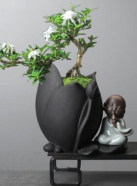 爆款创意绿萝铜钱草水培紫砂花器桌面多肉文竹禅意花盆陶瓷盆栽摆