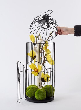 大型铁艺鸟笼仿真花艺落地摆件新中式H迎春假花酒店售楼处软装饰