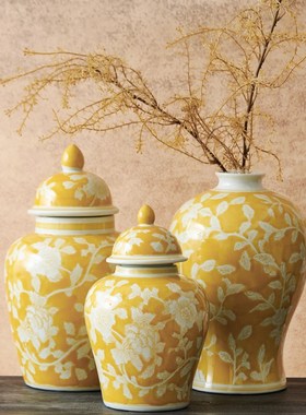 新中式青花e瓷花瓶摆件富贵兰花黄色梅瓶花器将军罐样板房客厅装