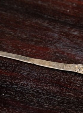 清代银质鎏金錾花梅鹿画发夹古物B文化玩具古董收藏真银器发饰发