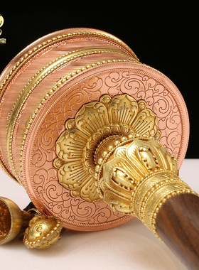 亚青手摇铜转桶实木平底手持转简经F桶办公桌面藏族转金轮转金筒