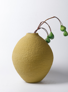 现代新中式陶瓷黑色花瓶摆件家居样板间客厅玄关S姜黄色花器装饰