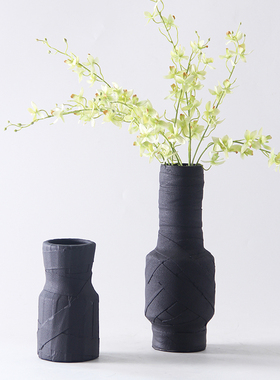 现代极简约黑白陶瓷花瓶摆件北y欧样板房家居客厅餐桌绑带编织花