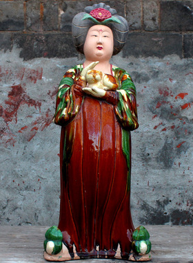 唐三彩陶瓷胖妞摆件复p古陶俑仕女仿古家居客厅书房古玩收藏电视