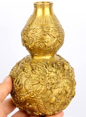 黄铜开口龙纹铜h葫芦五龙铜葫芦家居工艺品摆件龙款铜葫芦双龙戏