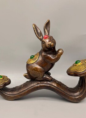 仿古纯铜鎏金如意兔子铜器工艺品生肖J兔家居办公室玄关装饰摆件