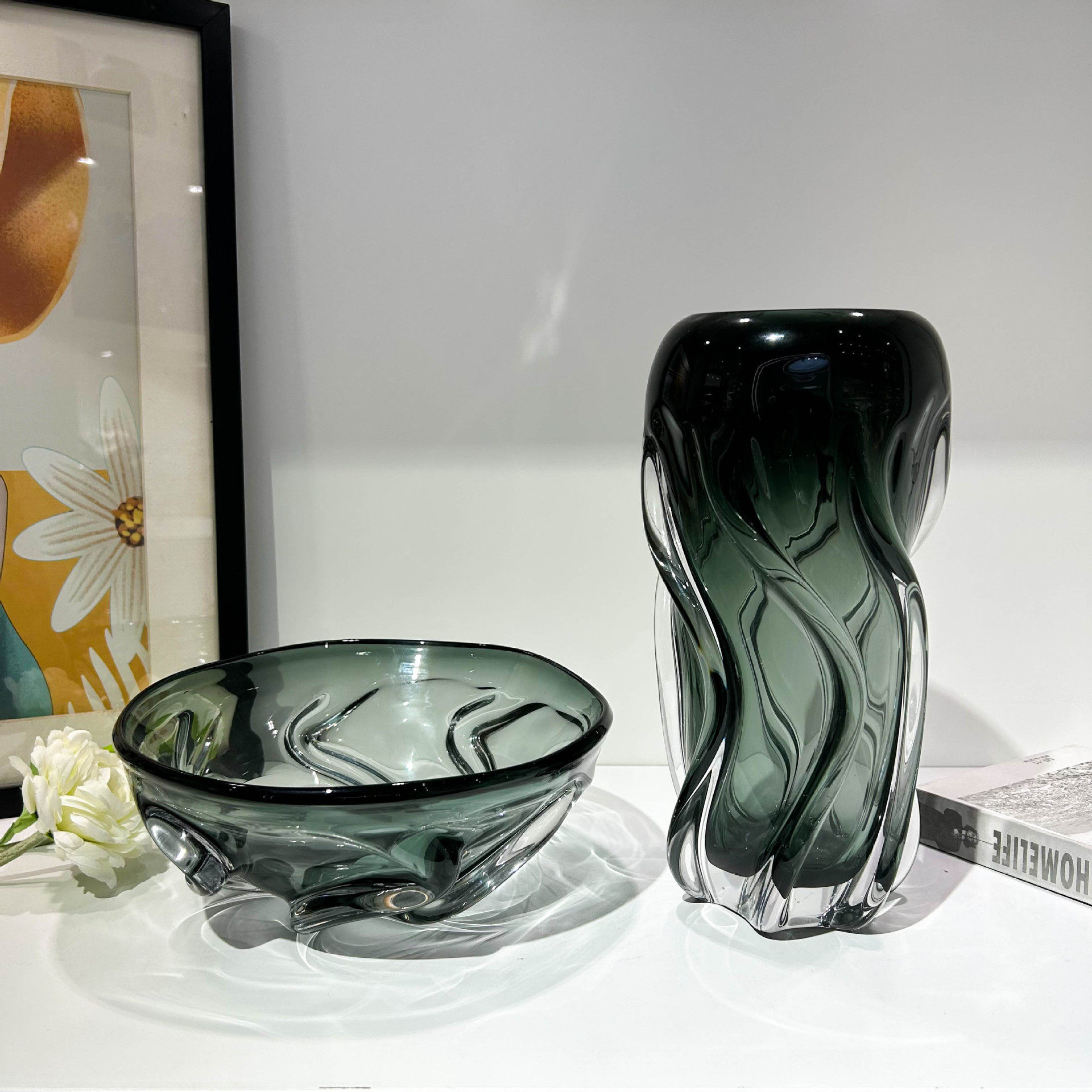 轻奢现代高级感灰色琉璃花瓶果盘套装家居样板间创意扭纹摆件插花,淘宝优惠券,粉丝福利购,淘宝优惠卷