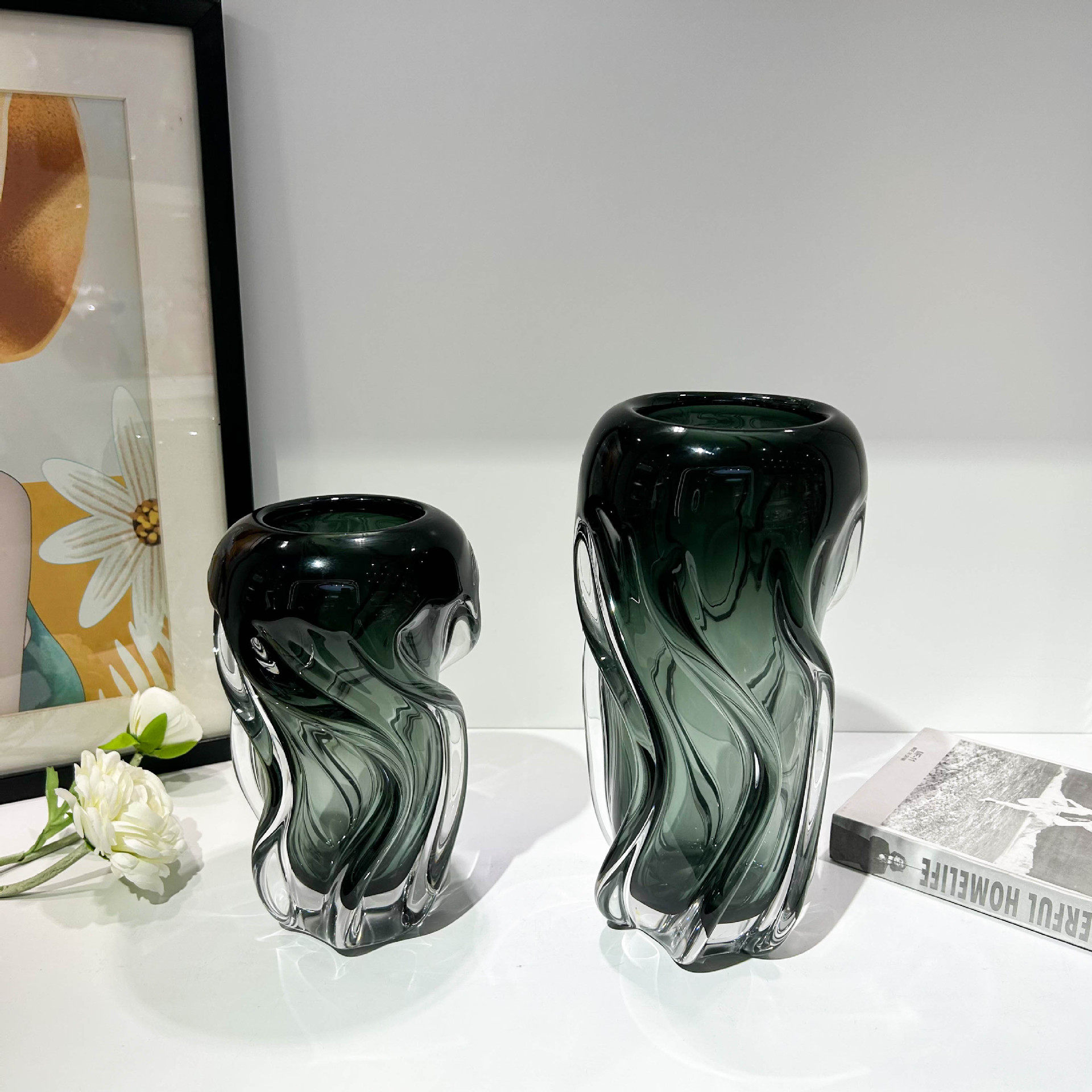 轻奢现代高级感灰色琉璃花瓶果盘套装家居样板间创意扭纹摆件插花,淘宝优惠券,粉丝福利购,淘宝优惠卷