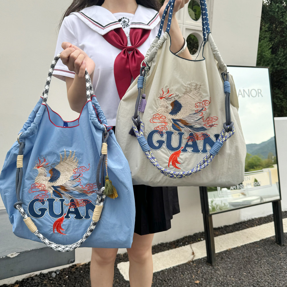 2025新款日系旅行袋ball chain刺绣环保袋购物袋尼龙手提斜挎包女,淘宝优惠券,粉丝福利购,淘宝优惠卷