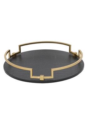 极速现代简约轻奢金属黑色皮质托盘酒K店会所圆形摆件茶托盘