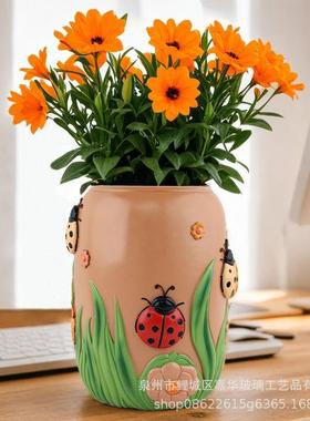 temu庭院花园动物昆虫七星瓢虫花盆摆件装饰家居桌面插花容器