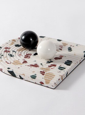 Rzone 极简现代轻奢黑色大理石椭F圆托盘摆件样板房售楼处软装饰