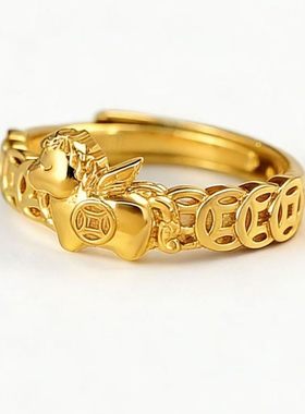 金色马上有钱戒指马年新款简约钱币款指环礼物精致气质开口可调节