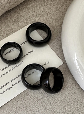 天然黑曜石戒指加宽玉石素圈