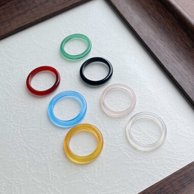 玛瑙玉髓戒指细指环粉蓝红黑黄白绿细戒情侣玉对戒各种跑环