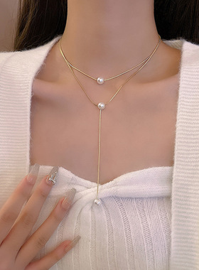 新款双层三珍珠欧美钛钢项链女高级感百搭气质小众设计感锁骨链品