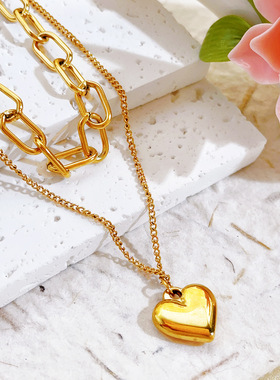 欧美跨境不锈钢桃心爱心吊坠钛钢链条18k金色轻奢重工手链女饰品