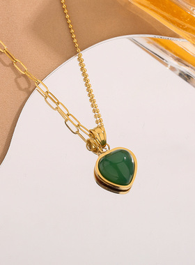 跨境热销几何型清新绿钛钢项链女爱心锁骨链女简约百搭潮流不掉色