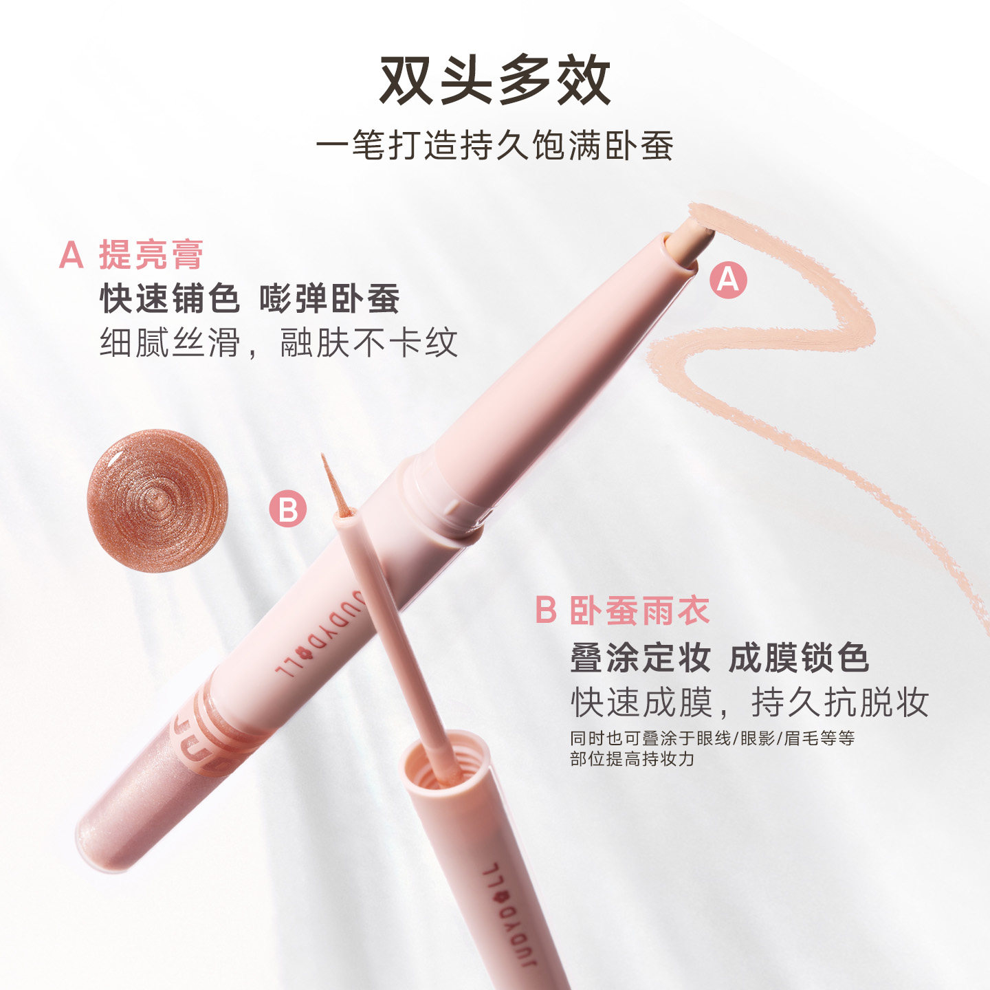 新款Judydoll橘朵双头卧蚕笔眼影提亮高光阴影二合一珠光闪片雨衣,淘宝优惠券,粉丝福利购,淘宝优惠卷