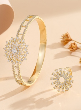 跨境高级重工多层立体镶锆石超闪开口克调节时尚优雅女士首饰