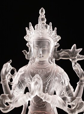 琉璃四臂观音像藏式像白色小号像莲E花底座居家客厅桌面摆件礼盒