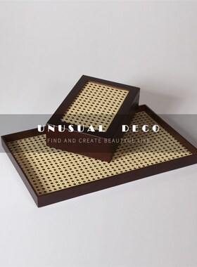 复古新中式样板间客厅茶几长方A形木质烤漆托盘竹编首饰收纳盘摆