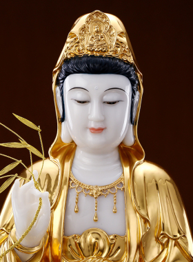 新品汉白玉手工贴金玉石观音佛像摆件F供奉家用南海观音菩萨娑婆