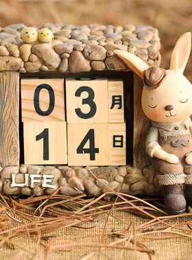 极速万年历日期少k女心原木木质桌面拍照摆设台历创意木头兔子日