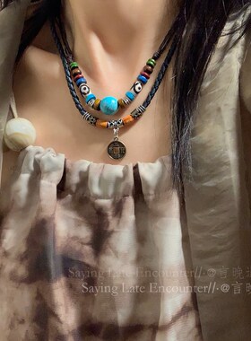 新品藏式狼d牙双层铜钱黑绳项链女新中式复古小众异域民族风百搭