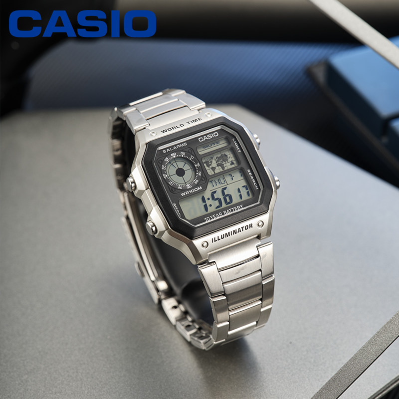 卡西欧手表男复古小方块小银块男生青少年款学生女款电子表ae1200