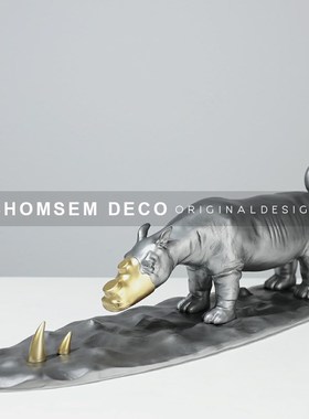 简约现代样板房间断角犀牛创意动物雕塑摆件书房玄U关办公桌面装