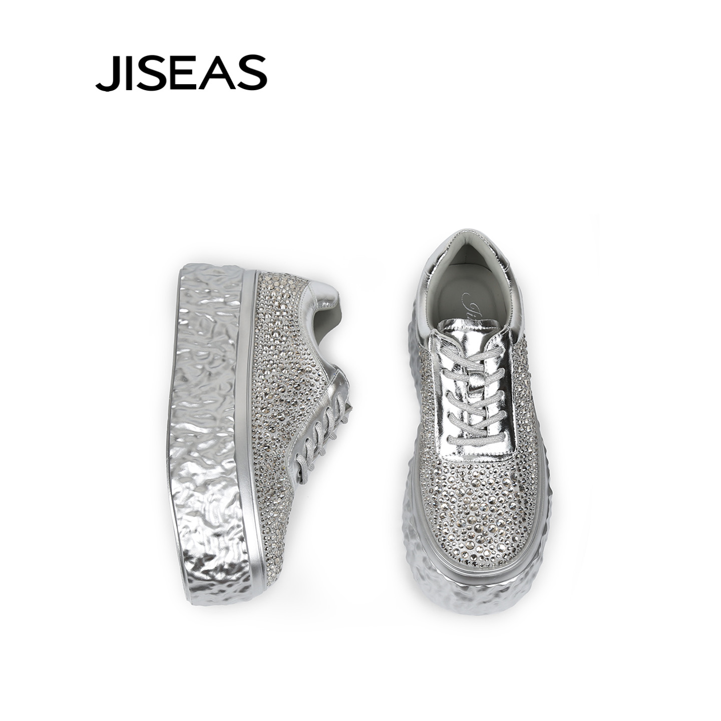 JISEAS厚底休闲鞋女2025新款春秋真皮水钻轻便百搭透气休闲运动鞋 - 图1