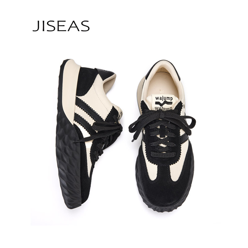 JISEAS复古厚底德训鞋女2025新款真皮软底轻便休闲板鞋