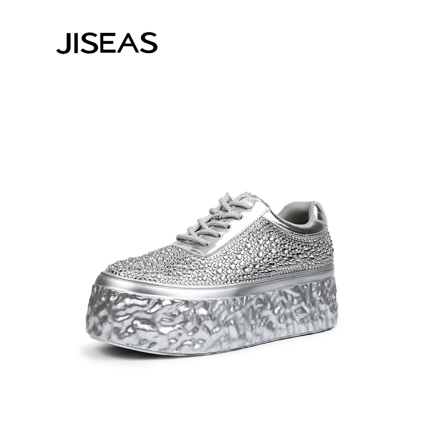 JISEAS厚底休闲鞋女2025新款春秋真皮水钻轻便百搭透气休闲运动鞋 - 图2