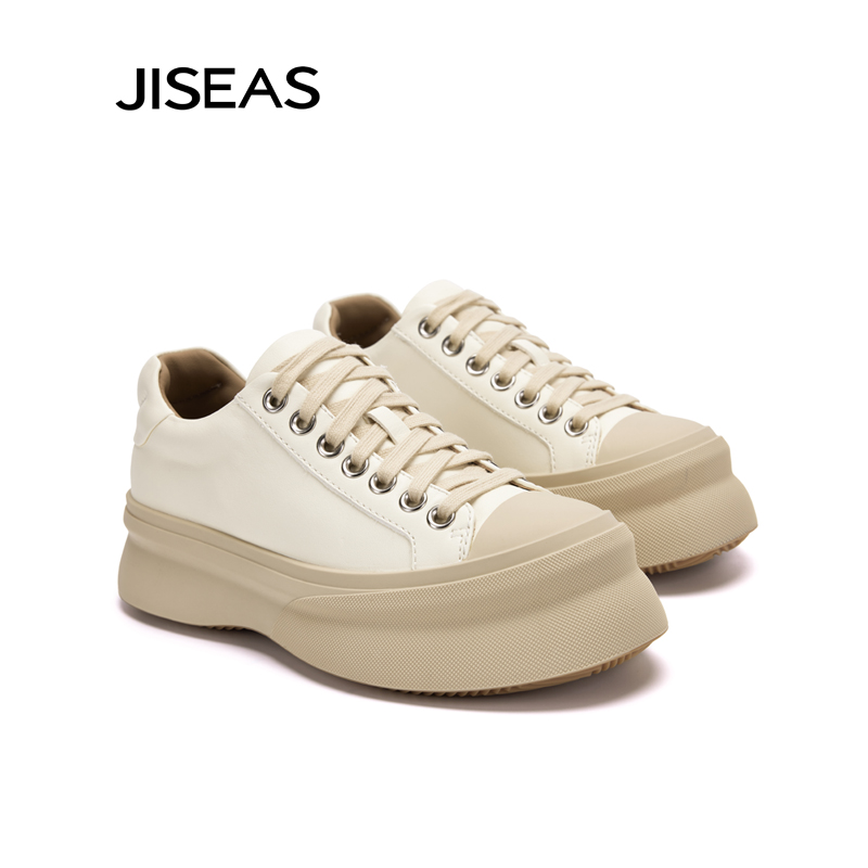 JISEAS休闲鞋女2024秋季新款厚底增高时尚百搭松糕大头真皮小白鞋 - 图2
