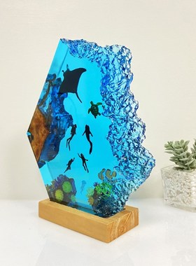 海底世界蝠鲼翻车鱼魔鬼鱼水x母大海龟潜水员氛围灯小夜灯摆件礼