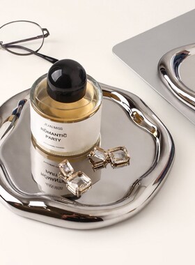 简约创意a装饰甜品盘收纳轻奢银色陶瓷饰品点心装饰托盘摆件