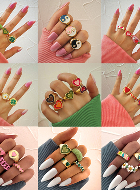 极速Vintage Golden Heartt Rings Set for Women Fashion Pink G