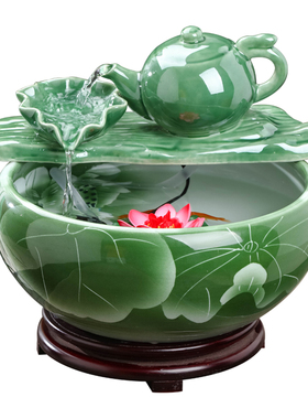 新品景德镇陶瓷鱼缸客厅喷泉桌面流水摆件鱼缸家T用循环招财鱼缸