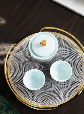 现代轻奢金色黄铜边框玻璃圆形托盘茶盘家居装R饰水杯收纳盘摆件
