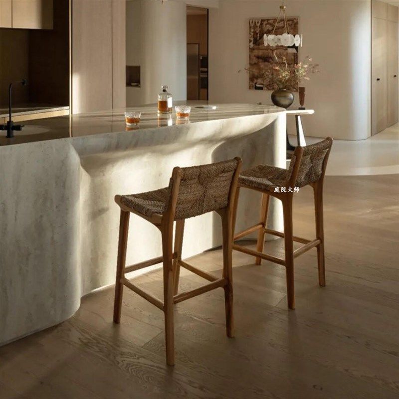 侘寂风岛台吧凳椅子藤编高脚椅实木轻奢高级感高脚椅家用卡座座椅,淘宝优惠券,粉丝福利购,淘宝优惠卷