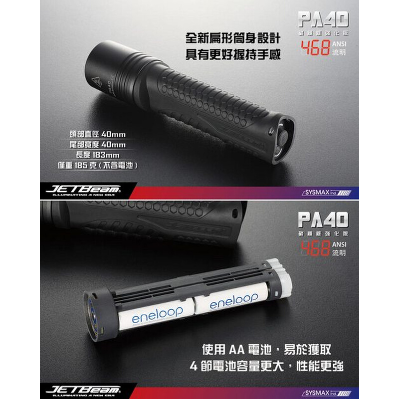 JETBEAM PA40碳纤维468流明170米远射4个AA电池防水强光安防手电 - 图1