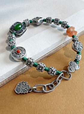 925银手工编织福字方形绿色y蛋面手链福气满满显白百搭个性国风手