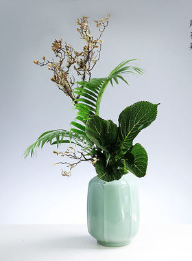 小原流縱筋彫花陶瓷花器日式插花器皿花道青瓷投入客厅摆件