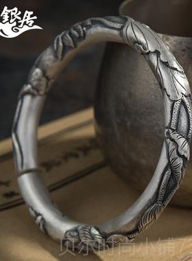 新款祥银居足说银镯手工刻圆柱复古錾哑光爱莲手.传家