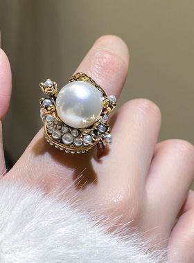 中古金色大珍珠花朵戒指女夸张小众轻奢感食指戒气质精致配饰
