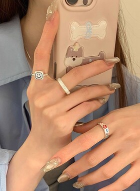 韩版ins时尚925纯银彩色滴釉笑脸M豆戒指女可爱小众开口食指指环