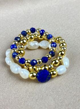 新款天然淡水珍珠女式戒指套装 天然石切面珠子戒指